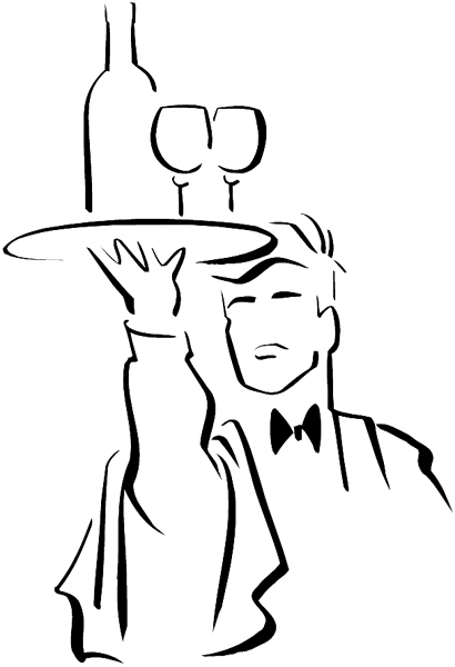 Waiter with wine bottle and two glasses on a tray vinyl sticker. Customize on line. Restaurants Bars Hotels 079-0489